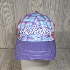 Lakegirl Pink and Purple Plaid Mesh Trucker Baseball Cap Distressed